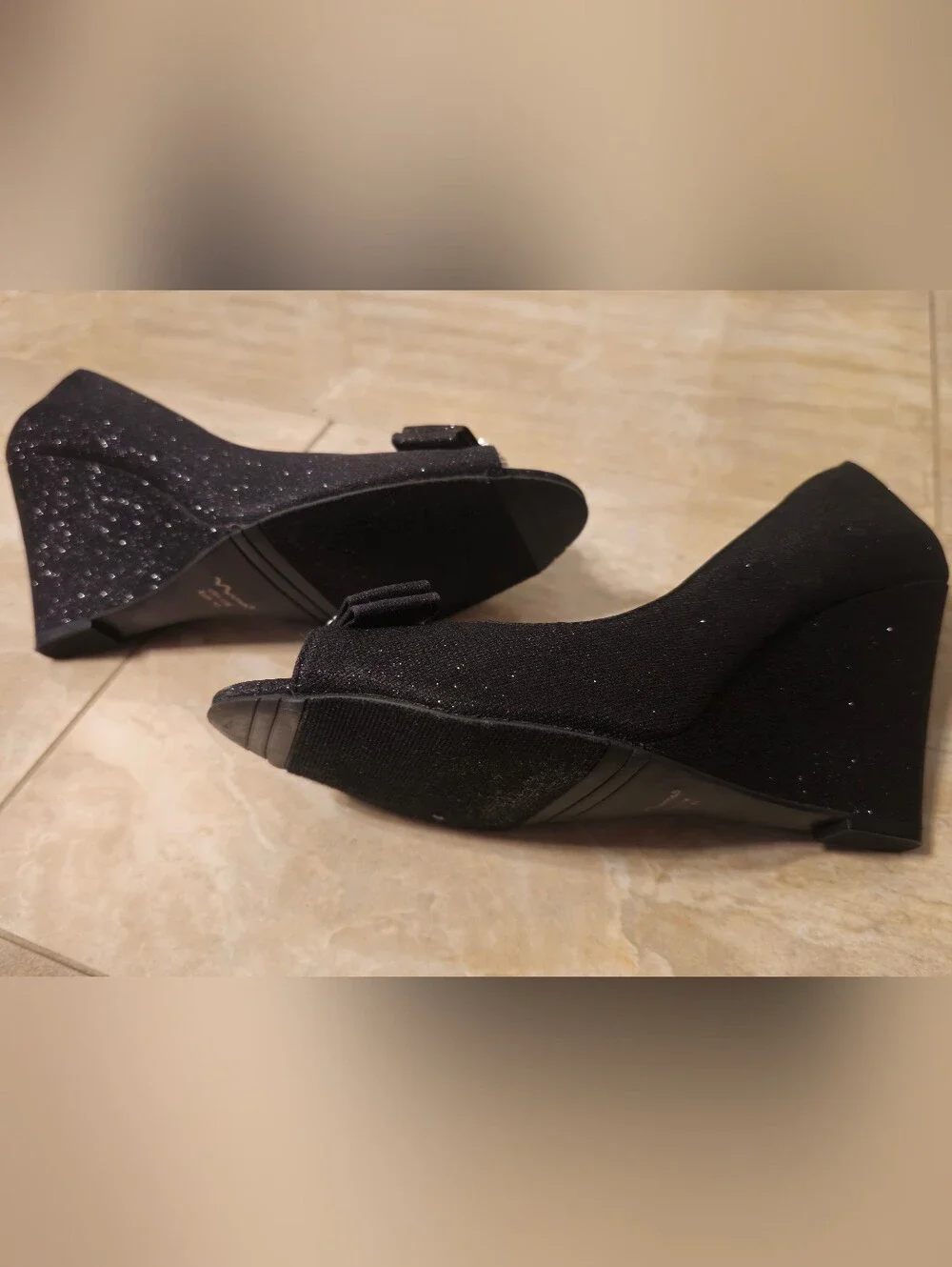 Nina Black Glitter Open-Toe Heels with Rhinestone Bow
